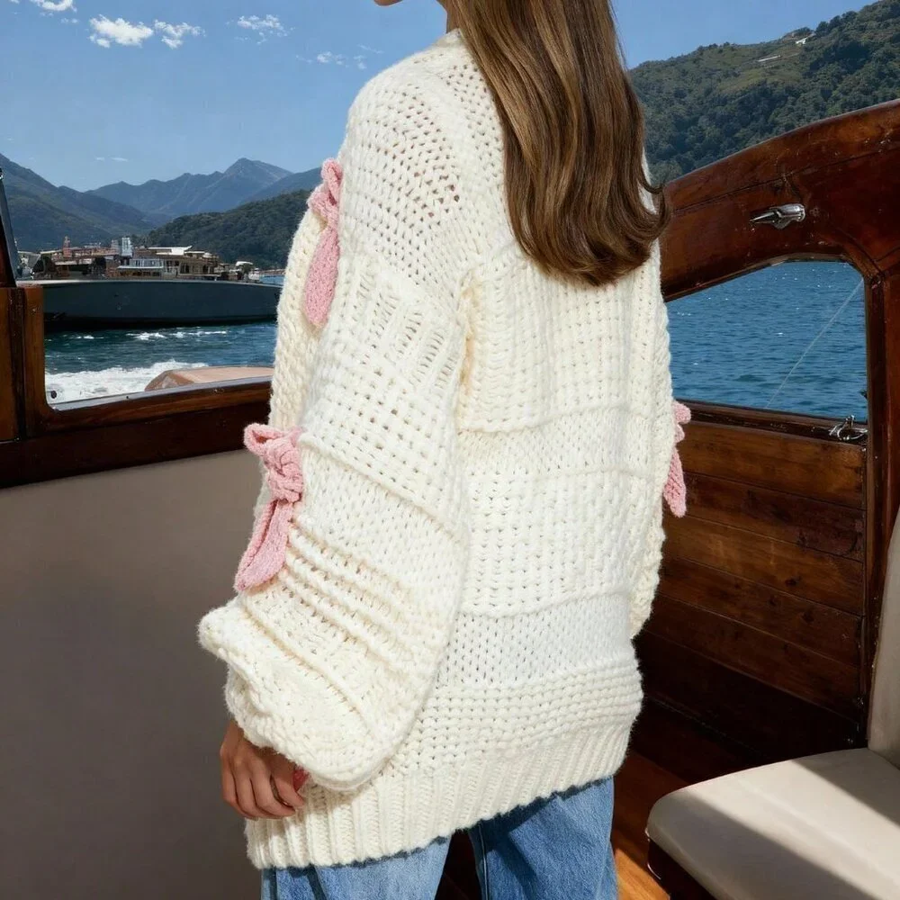 Shabby Chic Cute Women's bow detailed Soft Chunky Knit open front Cardigan